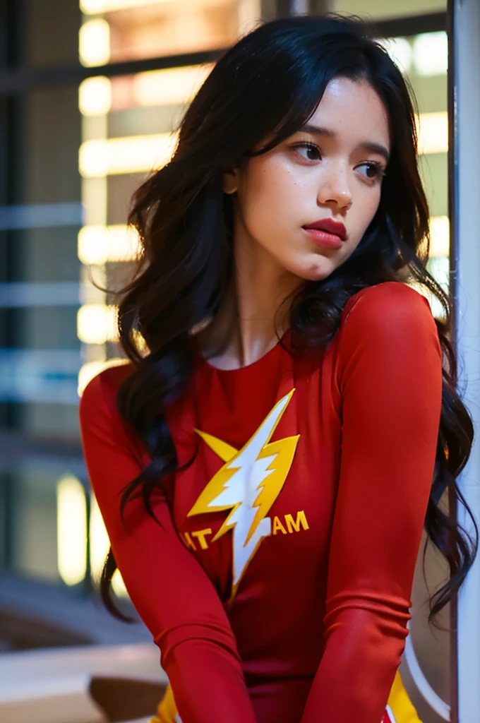 ((work of art)), ((best qualityer)), (ultra detali), beautiful face, detailed hands, expressive eyes, trunk, ((close up)), standing alone, (citys, scenario, dramatic light, illustration:1.1), (standing, dynamic pose, arm at side, ssmile:1.2), (1 girl, Jenna Ortega, milf, motherly, chestnut hair, eyes black, wavy hair, long hair:1.4), (Red Jumpsuit, or flash suit, Symbol of Thunder:1.3), ((work of art))