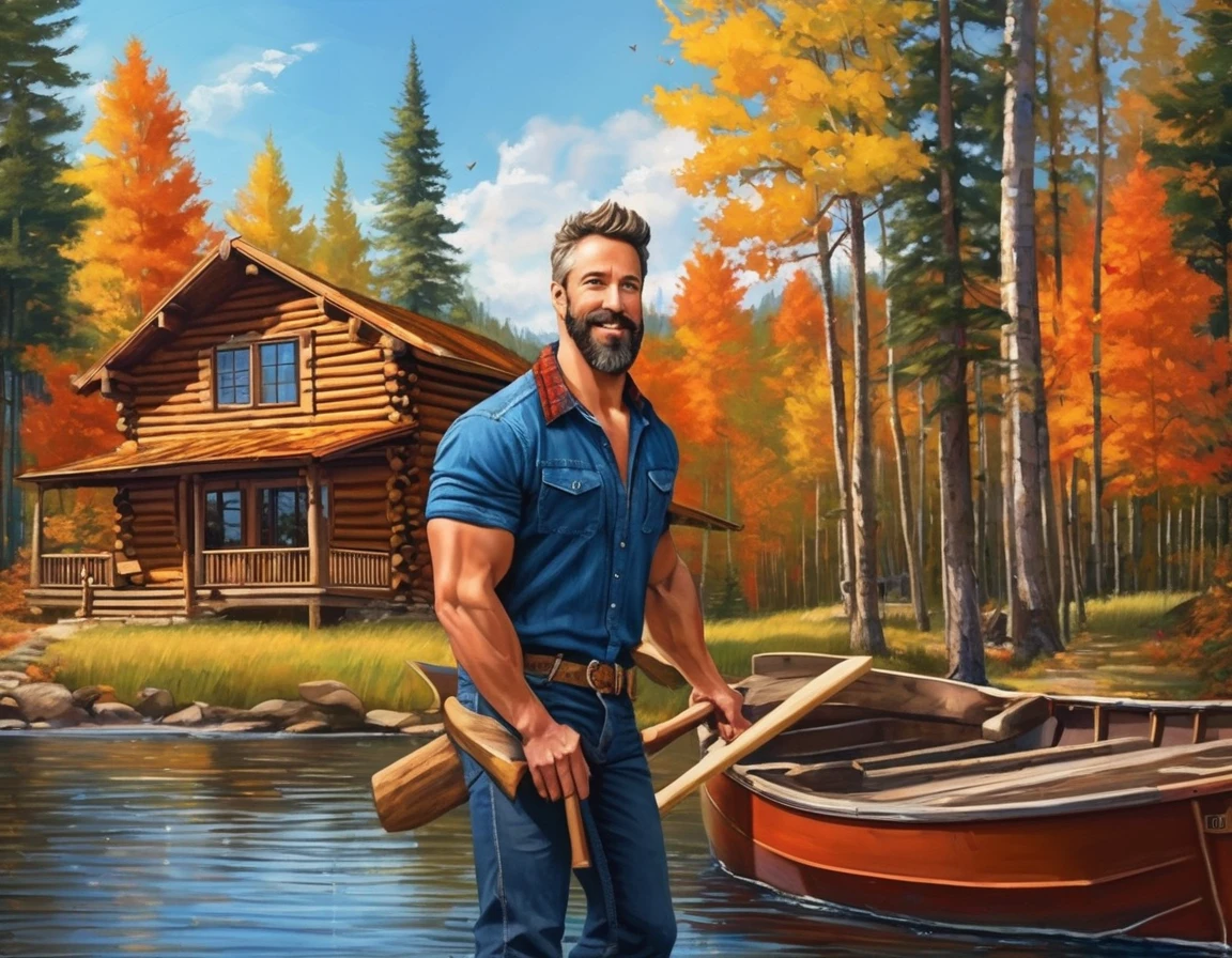 A handsome rugged man with big muscles, short random colored hair, well-manicured beard and mustache and big blue eyes. Wearing blue jeans and a flannel shirt. Chopping wood in front of a luxury log cabin next to a magnificent lake with a boat dock. It is Autumn and the trees are turning bright red, orange and yellow. Style of (Muscle Core:1.6). (Distant full body view:1.5). Hyper realistic photo, vibrant colors, 16k