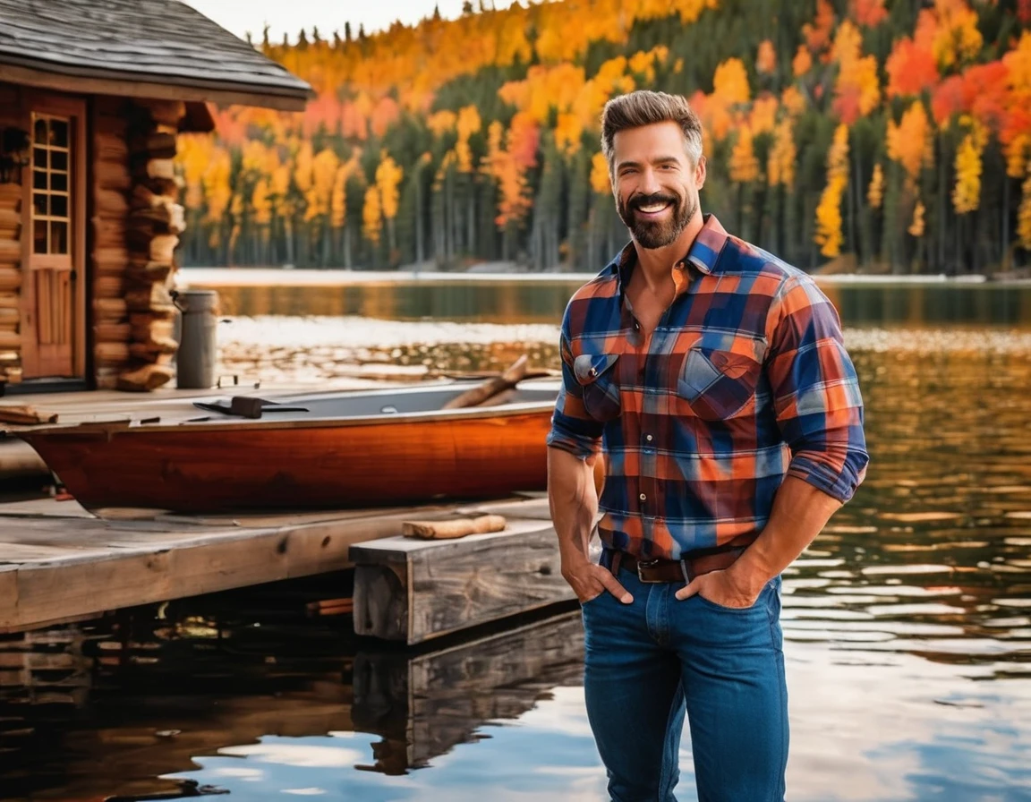 A handsome rugged man with big muscles, short random colored hair, well-manicured beard and mustache and big blue eyes. Wearing blue jeans and a flannel shirt. Chopping wood in front of a luxury log cabin next to a magnificent lake with a boat dock. It is Autumn and the trees are turning bright red, orange and yellow. Style of (Muscle Core:1.6). (Distant full body view:1.5). Hyper realistic photo, vibrant colors, 16k