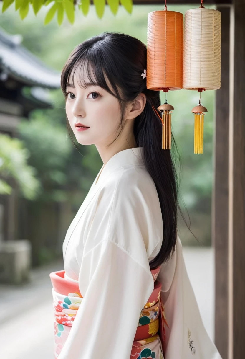 Long with dark hair。Smooth。clear。woman。young。Wearing a kimono。summer。wind chimes。
