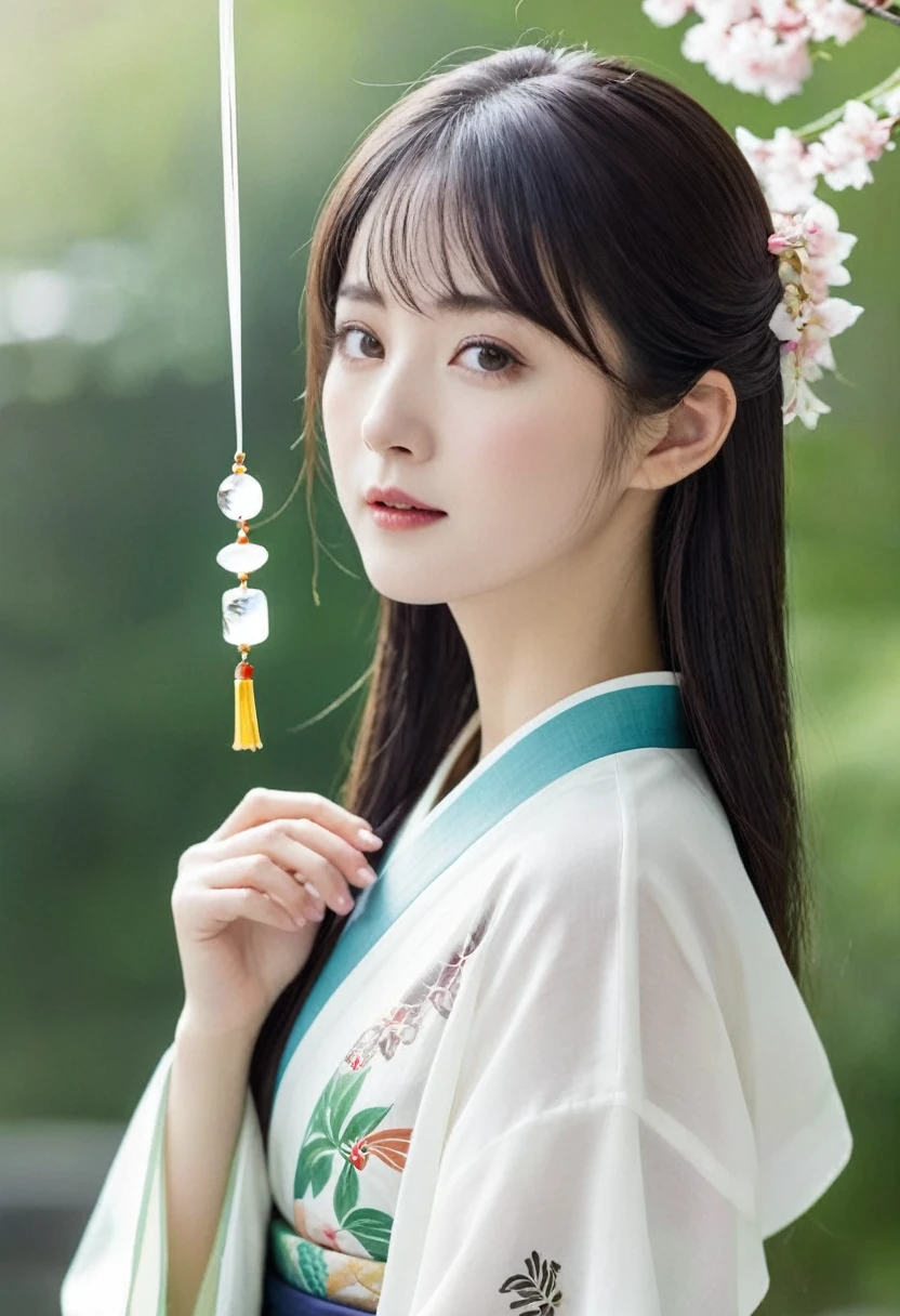 Long with dark hair。Smooth。clear。woman。young。Wearing a kimono。summer。wind chimes。