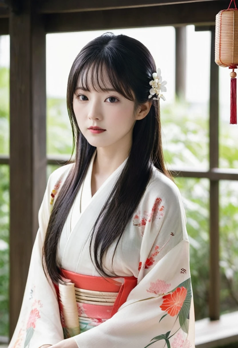 Long with dark hair。Smooth。clear。woman。young。Wearing a kimono。summer。wind chimes。