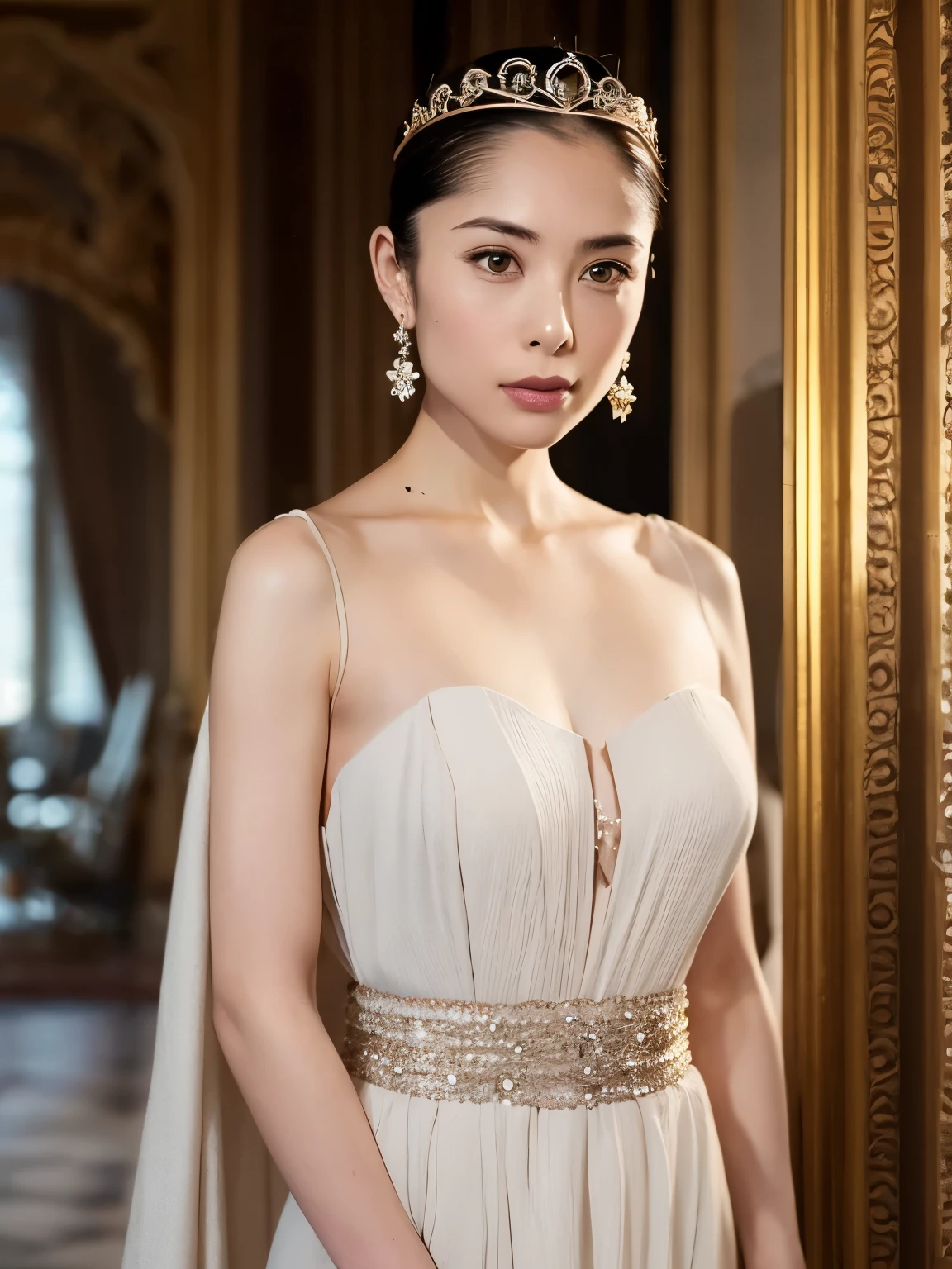 (Ultra-high resolution), (masterpiece), (Attention to detail), (high quality), (最high quality), ((upper body shot)) , One Girl, Medieval Lady, ((Queen)), Modern Princess, Stylish dresses, Bobcut, simple tiara, Elegant Jewelry, Glittering earrings, Royal Seal, Refined beauty, Minimalist, Sense of luxury, Charisma, Elegance, Modern palace, Crystal Decoration, stylish ambiance