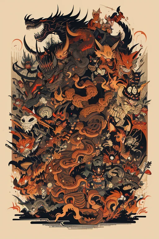 pandemonium, group of yokai, group of oni, giant snake, (fox), centipede, (giant skeleton), spider, demon, oni, tengu, The picture is painted in the style of a Japanese ink painting, (Side angle)