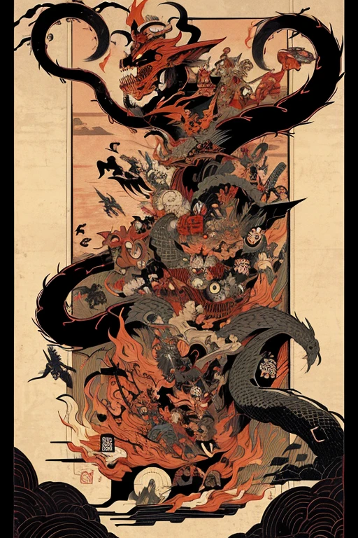 pandemonium, group of yokai, group of oni, giant snake, (fox), centipede, (giant skeleton), spider, demon, oni, tengu, The picture is painted in the style of a Japanese ink painting, (Side angle)
