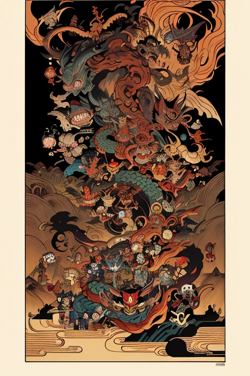 pandemonium, group of yokai, group of oni, giant snake, fox, centipede, giant skeleton, spider, demon, oni, tengu, The picture is painted in the style of a Japanese ink painting
