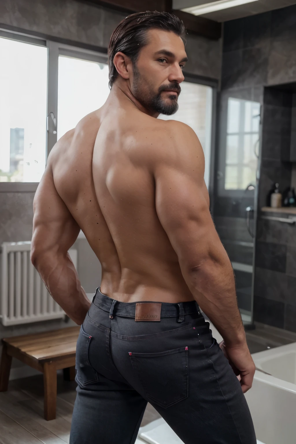 handsome mature man in his 50s,white man with a tanned complexion,(well-defined pecs and arm muscles),full body, facial hair styled into a neatly groomed beard,a confident smirk on his lips,giving off an air of wisdom and rugged charm,beefy build that emanates strength and vitality. ((Full body)), (((shirtless))) (((dark gray jeans))) (((manly))) (((backside))) Big butt