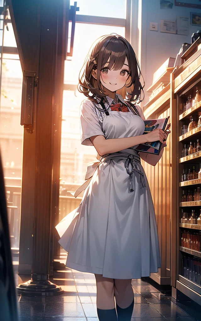(No sideburns),
(brown bob short bangs hair), (bob medium length hair),
(put your hair up:0.2),(Gorgeous, voluminous cabaret club girl hairstyle),
(brown Princess bangs), (brown hair), (bob medium length hair), (middle_length waved hair), (vertical roll medium length hair), (bangs hair),
Masterpiece, high quality, extremely detailed, cute with glowing white skin, eyelashes and cute blonde eyes, アニメ, gorgeous background-centered composition,
(Best quality, 32k, photos of cute Japanese women),
(Realistic skin texture),
(Raw photo: 0.8),
(Background is adult book store dvd Poster of a nude model on the wall),
(A pale light shines through),
cool-lighting,
1girl,
detailed face and breast,
17 years old,
tall,
(Schoolgirl short sleeve shirt is transparent and you can see her bra uniform),
(hold pink rotor)
(An innocent smile:1.0),
(looking away:1.2),
(Open your eyes slightly:1.0),
(Droopy eyes:1.1),
(closed mouth:1.0),
(Ultra Dynamic Angle:1.2),
