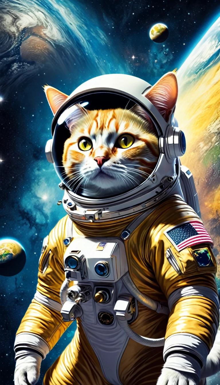 A yellow cat astronaut in a spacesuit is floating through starry space. The Earth is visible in the distance. The cat is looking mesmerized at the beautiful cosmic landscape.