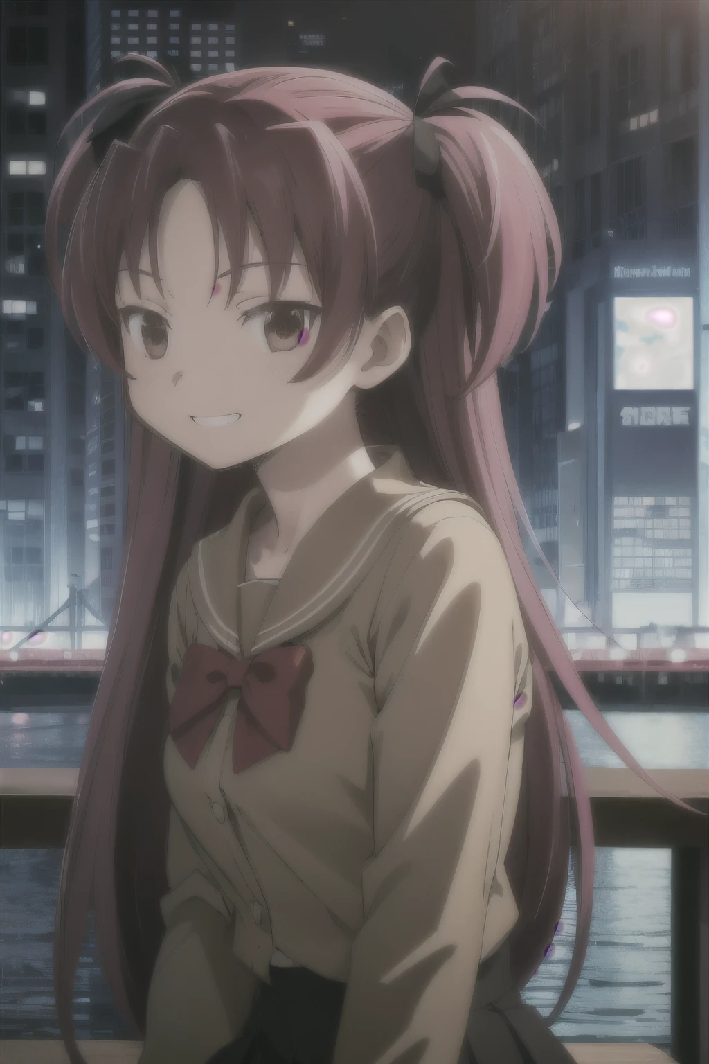 aaikuyo, long hair, one side up, , sailor collar, red bowtie, (brown shirt:1.2), ons, long sleeves, pleated skirt, black skirt, A city scape, face of happiness, smile mouth