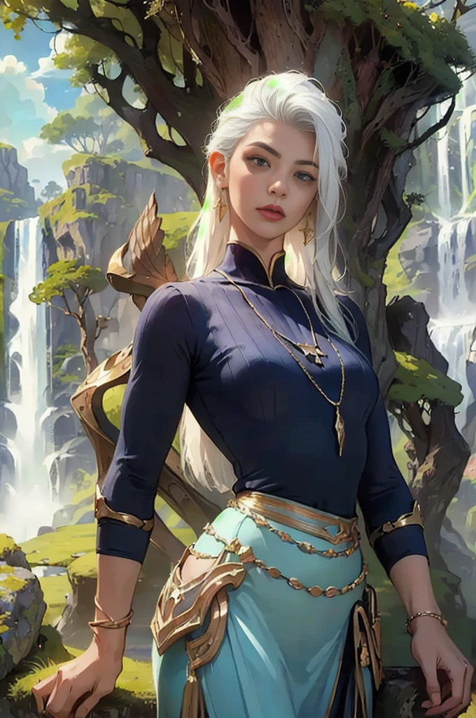 ( absurdity, high quality, ultra detailed, masterpiece, conceptual art, smooth, very detailed work of art, hyperrealistic picture ) , Waterfall, a cave, atlantis, , Disney, atlantis, 1 girl, White hair, bang, dark skin, lush lips, blue top and skirt, pendant with ulmaz on the chest, gold earring, stands sideways thoughtfully