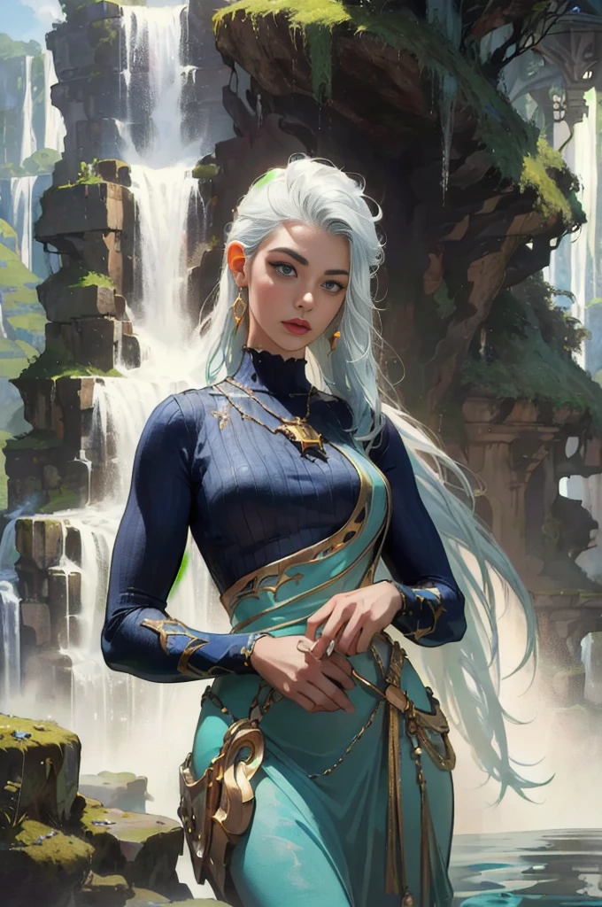 ( absurdity, high quality, ultra detailed, masterpiece, conceptual art, smooth, very detailed work of art, hyperrealistic picture ) , Waterfall, a cave, atlantis, , Disney, atlantis, 1 girl, White hair, bang, dark skin, lush lips, blue top and skirt, pendant with ulmaz on the chest, gold earring, stands sideways thoughtfully