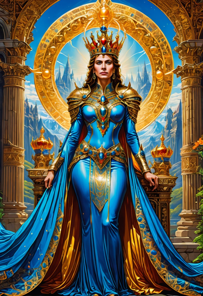 Queen, crown, pose, full body, by Angus McKie, photo, best quality, masterpiece, very aesthetic, perfect composition, intricate details, ultra-detailed