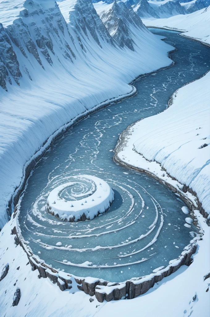 Create an RPG map of icy mountains with a spiral path going up them and a flat part on top