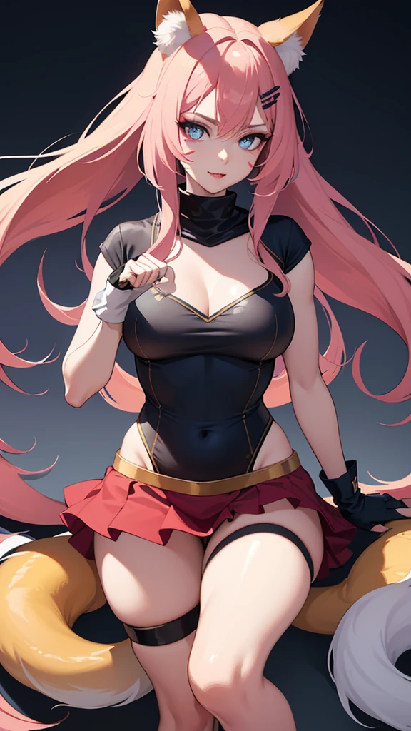 best quality,masterpiece,8k wallpaper,absurdres, highres, ultra detailed, (1 young beautiful girl, solo:1.1),realistic,k/da (league of legends), solo, animal ears,gloves, fox ears, hair ornament, long hair, blonde hair,blue eyes, whisker markings, fingerless gloves, pink hair,multicolored hair,official alternate costume, asymmetrical clothes, makeup, facial mark, hairclip, medium breasts, athletic body, slim body, skirt, thigh strap, lips, gradient hair, fox tail, single glove,fox tail, (nine-tailed fox (mythological creature):1.3),A fairytale land where magical creatures live and thrive,BREAK