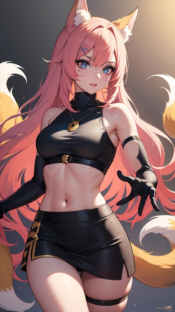 best quality,masterpiece,8k wallpaper,absurdres, highres, ultra detailed, (****ung beautiful girl, solo:1.1),realistic,k/da (league of legends), solo, animal ears,gloves, fox ears, hair ornament, long hair, blonde hair,blue eyes, whisker markings, fingerless gloves, pink hair,multicolored hair,official alternate costume, asymmetrical clothes, makeup, facial mark, hairclip, medium breasts, athletic body, slim body, skirt, thigh strap, lips, gradient hair, fox tail, single glove,fox tail, (nine-tailed fox (mythological creature):1.3),A fairytale land where magical creatures live and thrive,BREAK