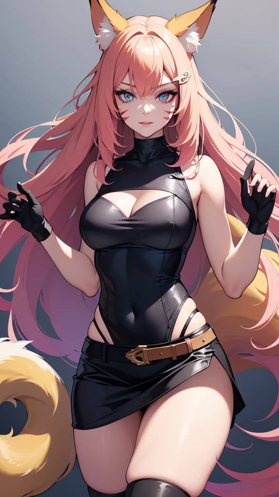 best quality,masterpiece,8k wallpaper,absurdres, highres, ultra detailed, (ung beautiful girl, solo:1.1),realistic,k/da (league of legends), solo, animal ears,gloves, fox ears, hair ornament, long hair, blonde hair,blue eyes, whisker markings, fingerless gloves, pink hair,multicolored hair,official alternate costume, asymmetrical clothes, makeup, facial mark, hairclip, medium breasts, athletic body, slim body, skirt, thigh strap, lips, gradient hair, fox tail, single glove,fox tail, (nine-tailed fox (mythological creature):1.3),A fairytale land where magical creatures live and thrive,BREAK