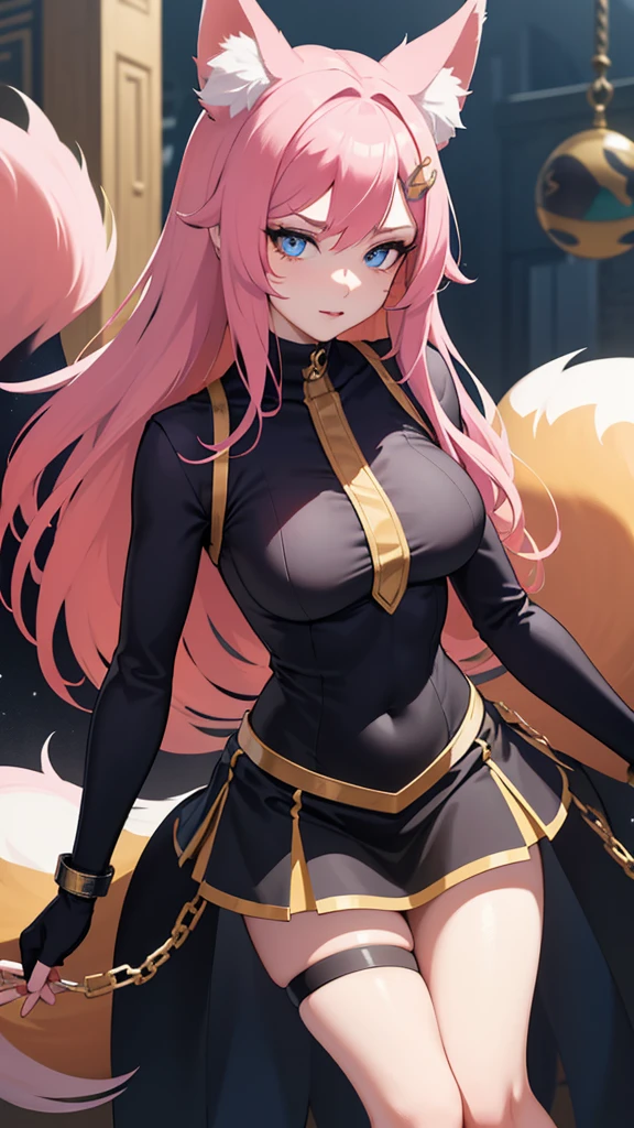 best quality,masterpiece,8k wallpaper,absurdres, highres, ultra detailed, (****ung beautiful girl, solo:1.1),realistic,k/da (league of legends), solo, animal ears,gloves, fox ears, hair ornament, long hair, blonde hair,blue eyes, whisker markings, fingerless gloves, pink hair,multicolored hair,official alternate costume, asymmetrical clothes, makeup, facial mark, hairclip, medium breasts, athletic body, slim body, skirt, thigh strap, lips, gradient hair, fox tail, single glove,fox tail, (nine-tailed fox (mythological creature):1.3),A fairytale land where magical creatures live and thrive,BREAK