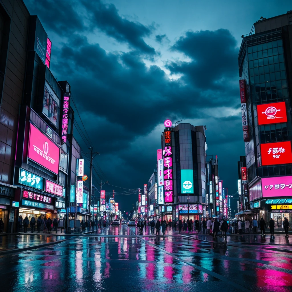sci fi tokyo rainy streets, at night, pink lights