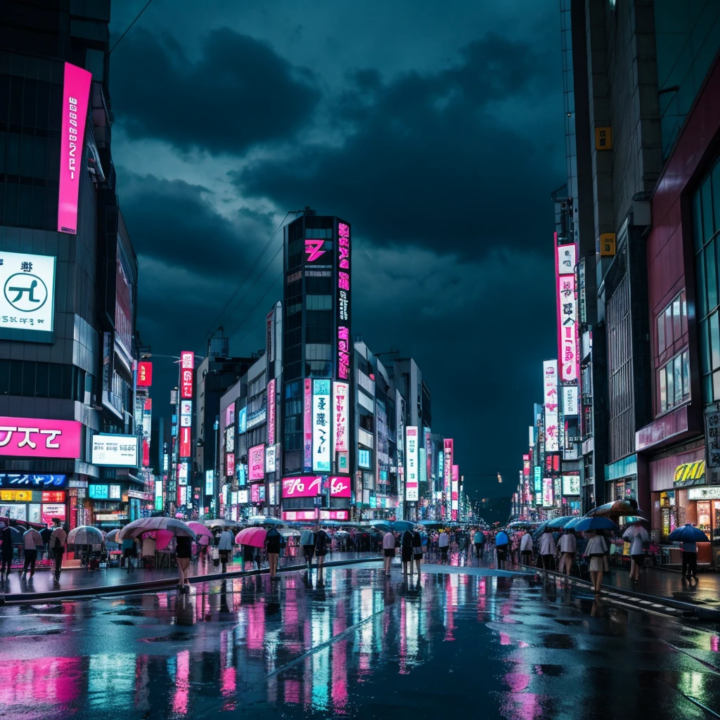 sci fi tokyo rainy streets, at night, pink lights