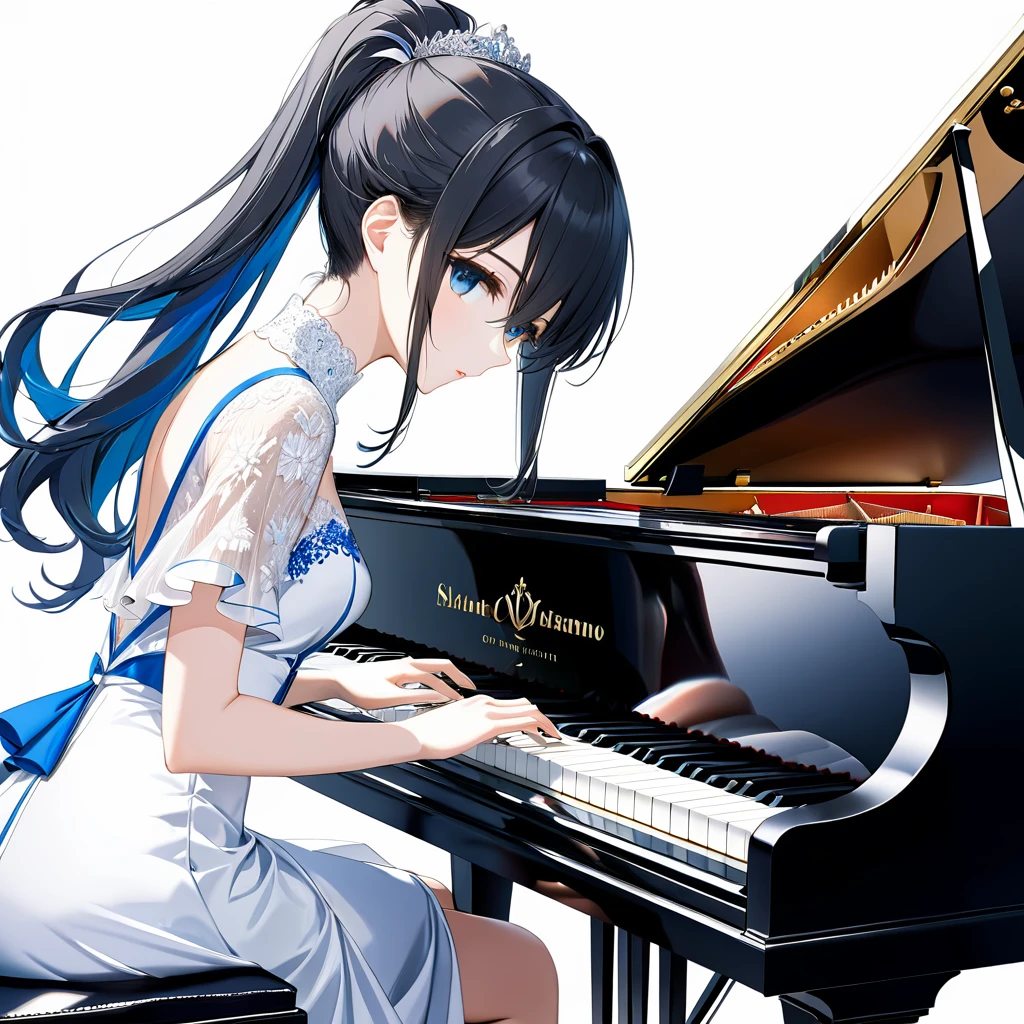 (((White background:1.5)))、(very wide shot)、(masterpiece、Ultra HD、Highest quality、Masterpiece、4K:1.2)、Playing the piano、Idol、The elegant pianist、 Intricate details, Highly detailed eyes, Highly detailed fingers、Black hair ponytail、White elegant dress, Intricate details、(((His eyes are on the piano:1.5)))