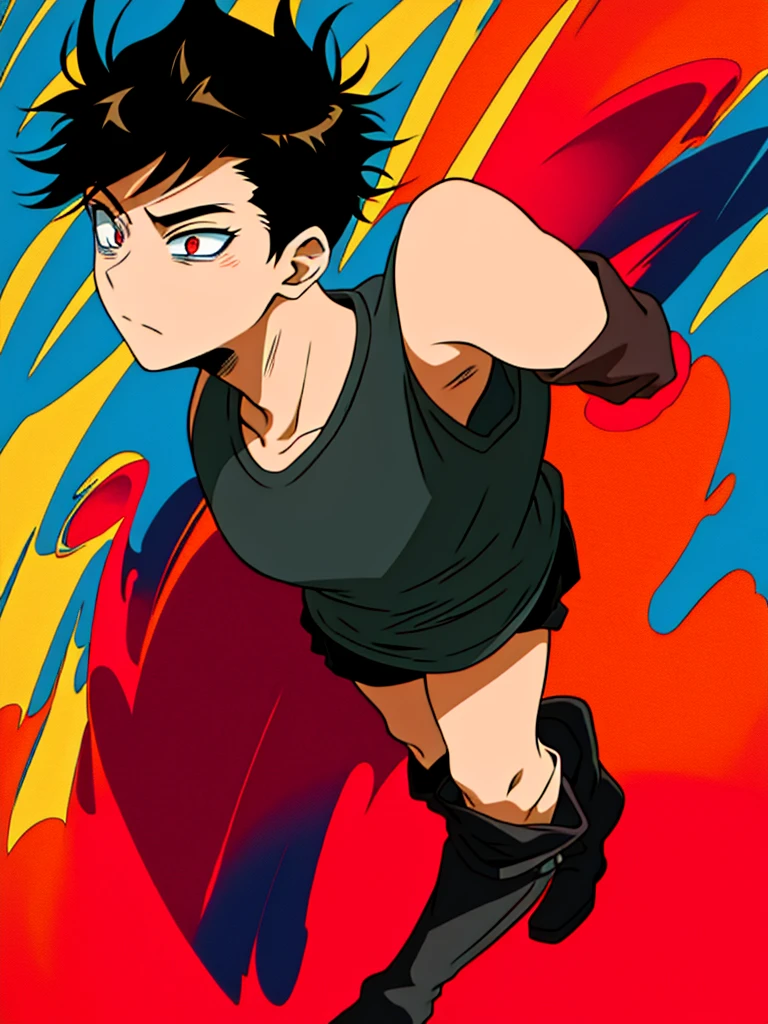 16 year old boy, Average height, athlete, black hair, one red eye and one brown eye, Caucasian skin, wear black cargo pants, combat boots, a normal black t-shirt
