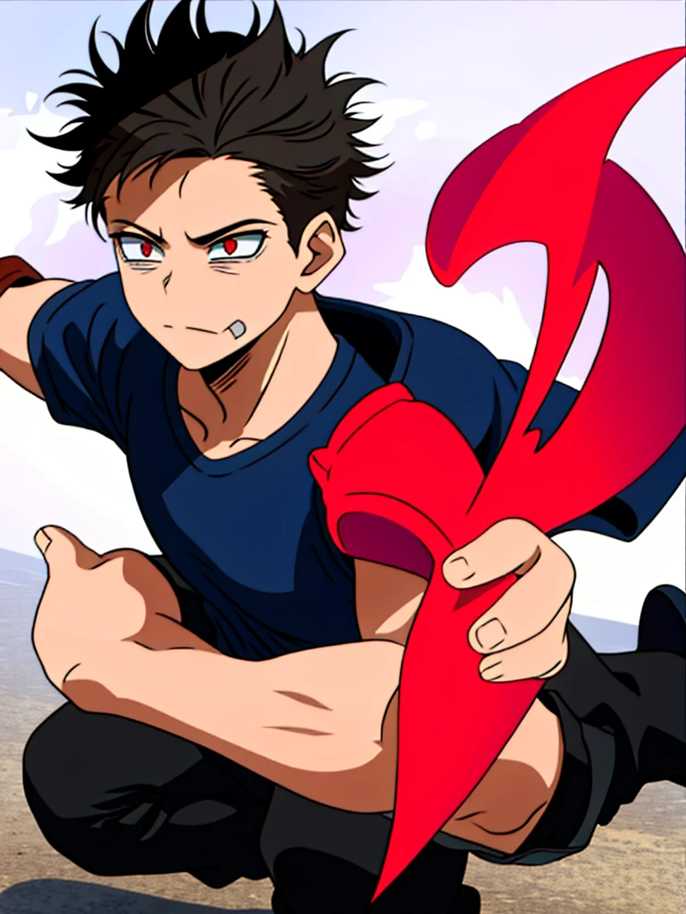 boy, Average height, athlete, black hair, one red eye and one brown eye, Caucasian skin, wear black cargo pants, combat boots, a normal black t-shirt