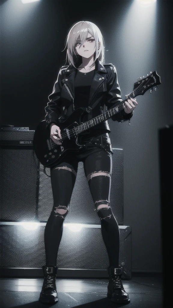 a 21 year old female rocker, wearing dark makeup, black leather jacket, ripped jeans, holding an electric guitar, standing in a dark moody setting, dramatic lighting, gritty, industrial, cinematic, high contrast, hyperrealistic, chiaroscuro, moody atmosphere,