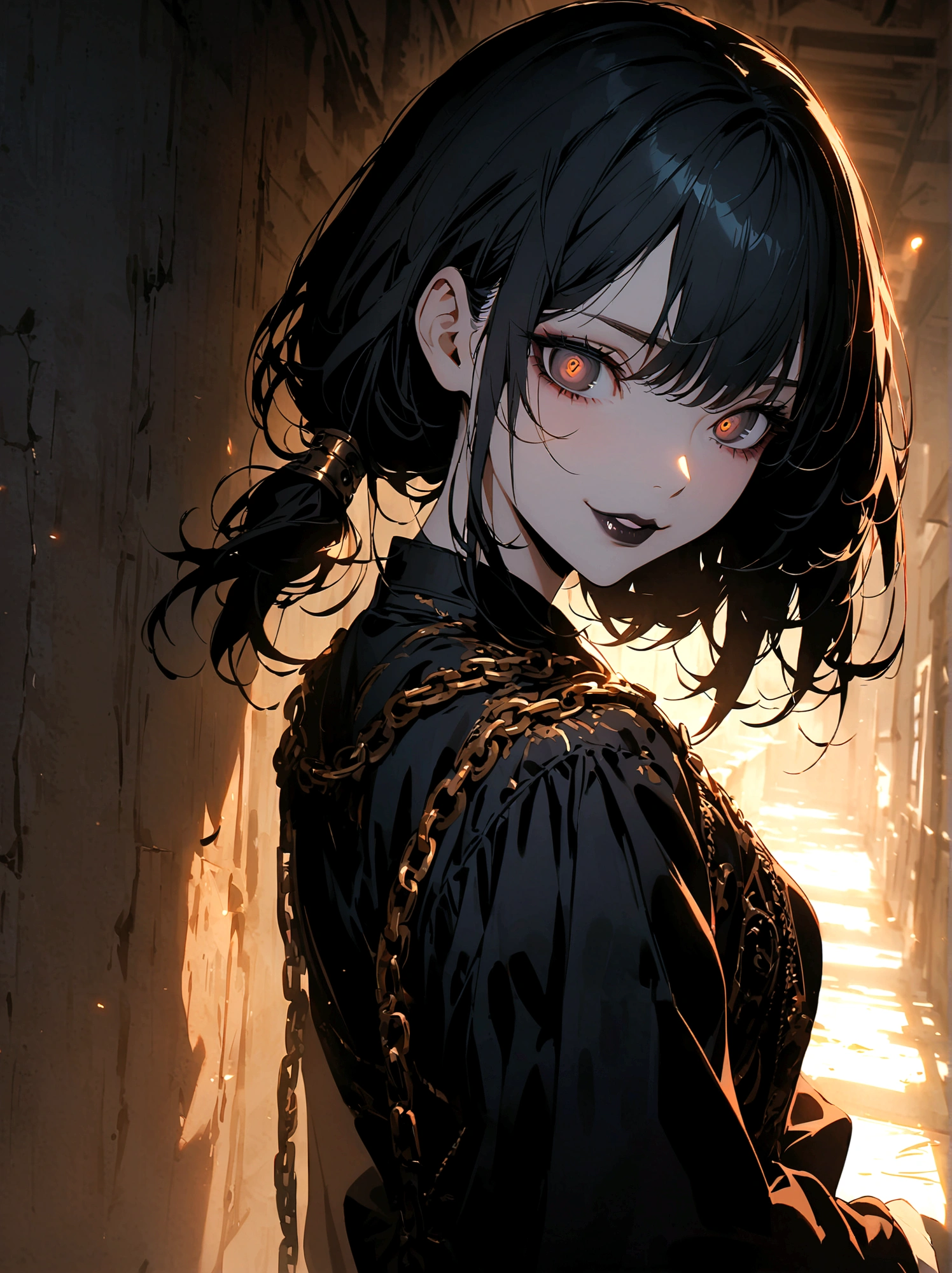 anime, goth style woman, chain accesories, dark clothes with a shade of gold, gold marks on clothes, ((black eyes)), upper view, both arms on her back, she is hiding her arms on her back, Japanese-style hair tied and a little messy, dark gothic makeup, black lips, dark circles, smile, abandoned doll factory setting, horror, highres, ultra-detailed, (best quality,4k,highres,masterpiece),subdued colors, vivid colors, professional lighting, dark shadows, golden lightining, detailed lips, detailed eyes