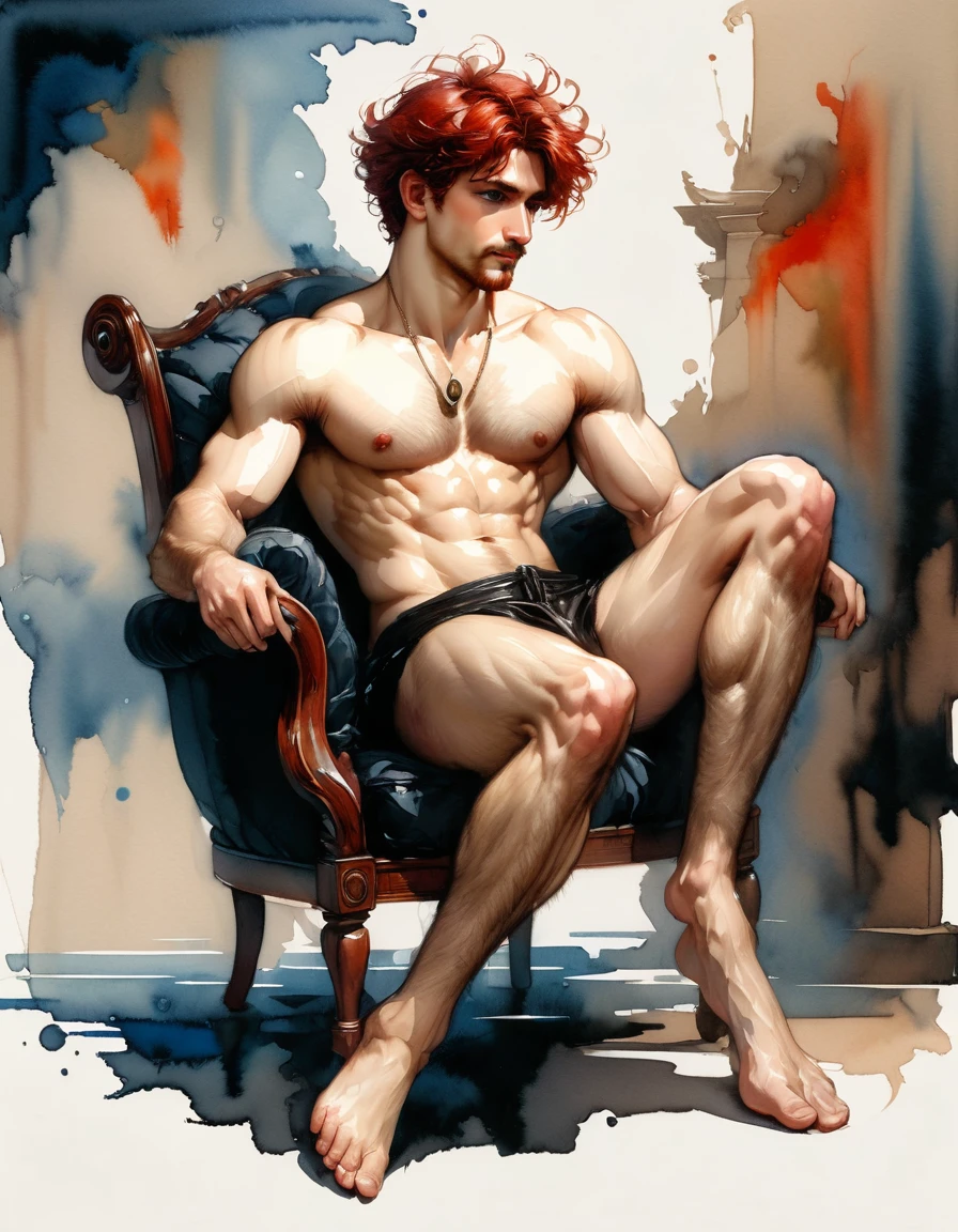 watercolor In the iconic art style of joaquin sorolla an henry scott tukei, ((1 man wearing small black loincloth, sitt on a chair with his legs up showing his anus in a complete negative black space, smiling, focused gaze)) in henry scott tuke and Peter Paul Rubens art style, ultra detailed, ultra realistic, ambient lighting, becoming the subject composition, soft neutral colors, perfect components layout, divine proportions, wide angle, fullbody, in henry scott tuke art style, ultradetailed, ultrarealistic, 8k resolution, HD, a red head, hairy, slighly hairy body, slender, detailed eyes, detailed feet, detailed nose, detailed lips, detailed chin, detailed ears, detailed muscles, blue eyes, shirtless, barefoot, handsome, masculine, detailed feet, detailed hands, gorgeous, young man he is sad, sitting on a ultra detailed barroque chair, typing on a laptop, masterpiece, pricewinner, madoka_magica ((background black negative space)