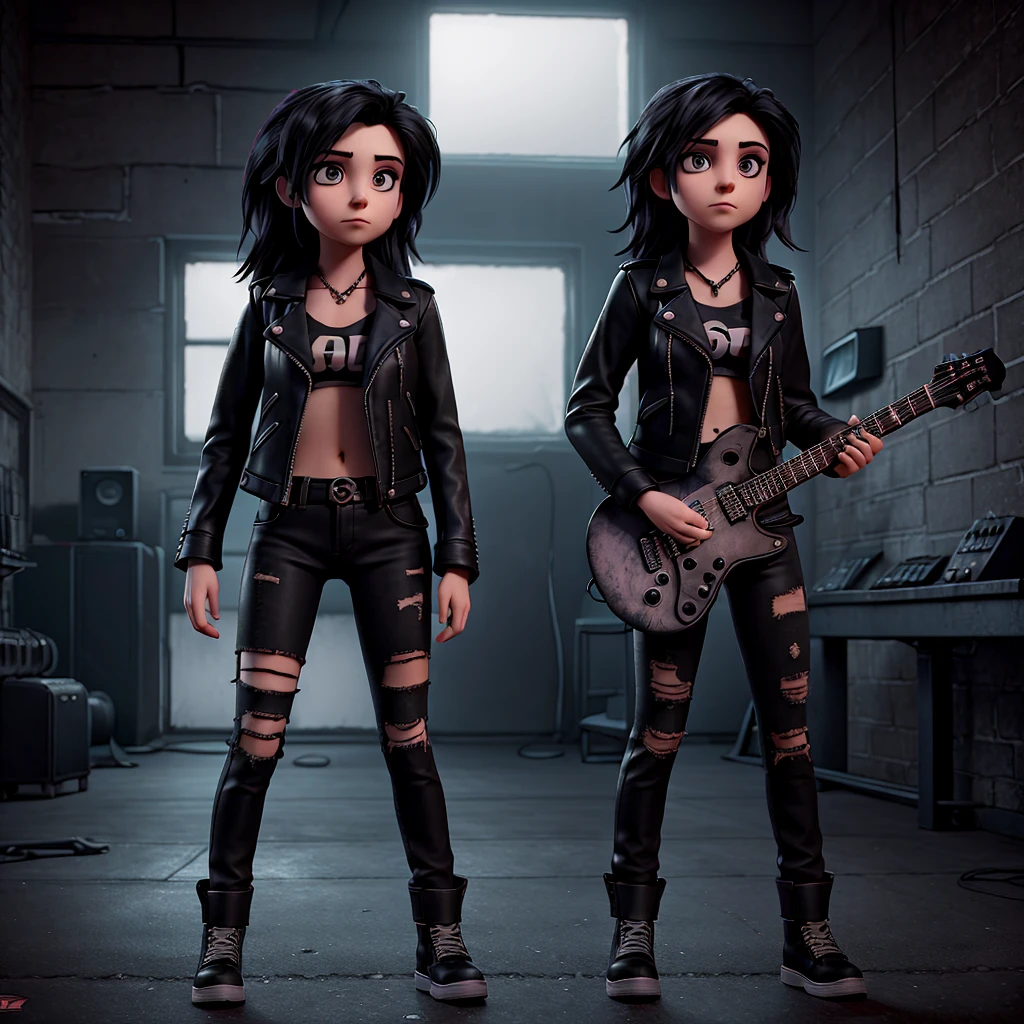 a 21 year old female rocker, wearing dark makeup, black leather jacket, ripped jeans, holding an electric guitar, standing in a dark moody setting, dramatic lighting, gritty, industrial, cinematic, high contrast, hyperrealistic, chiaroscuro, moody atmosphere,