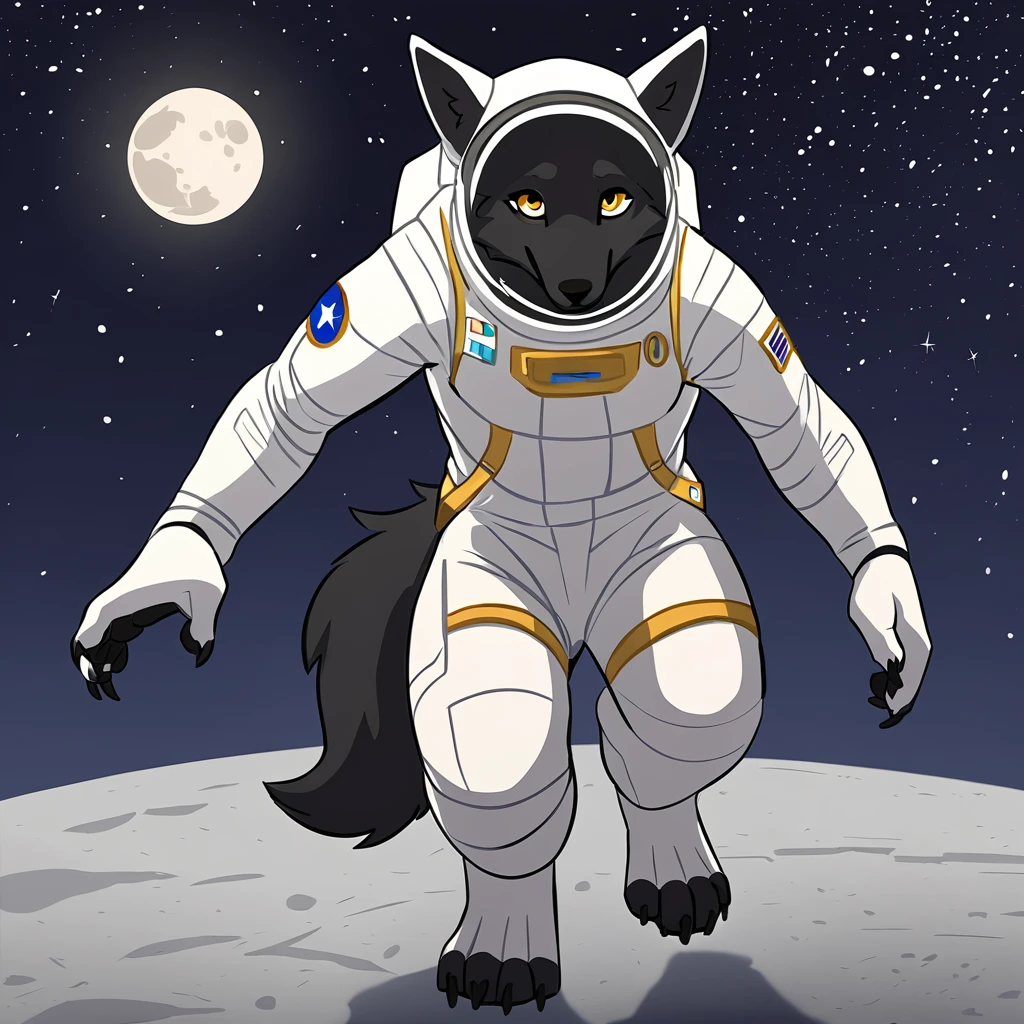 canid, canine, canis, mammal, mythological_canine, mythological_creature, were, werecanid, werecanine, werewolf, wolf, mythology, gold_eyes, anthro, biped, half_white_body, half_white_fur, half_black_body, half_black_fur, male, fingers, fluffy, fluffy_tail, fur, full_body, no_helmet, white_space_suit, walking_on_moon, looking_up, starry_space, full_body, solo, digital_media_(artwork), hi_res, masterpiece,
