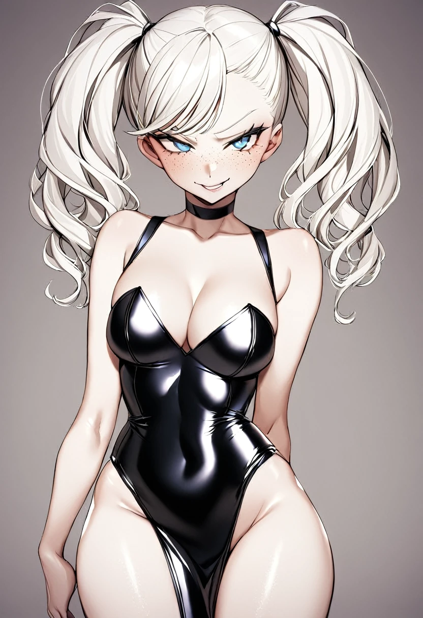1 Girl, Tight leather Dress, Medium Breasts, , Blue Eyes, Platinum White Hair, Twin Tail Hair Style, Pale White Skin, Smooth Skin, Face Freckles, Leather Straps on Thighs, Nice Cleavage, Slutty, Sexy, Sassy, Smirking, Tease, Teasing, ()