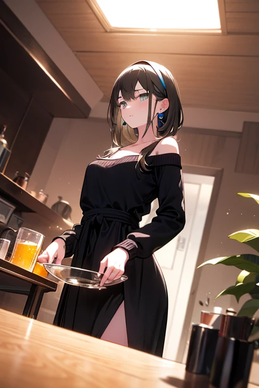 (from below:1.2), (perky chest:1.2), (pointed chest:1.2), 1girl, Bust A Cup, Amazing Cleavage:1.1, thin waist, big ass, Raised cute, small breast: 1.1 posed cleavage:1.2、solo, looking at viewer, have a cute glass of cute beer glass,black hair, dark green eyes, dress, bare shoulders, jewelry, collarbone, side locks, hairband, earrings, indoors, off shoulder, arms behind back, plants, short hair with long locks, gild hairband, off-shoulder dress, sweater dress, off-shoulder sweater, red sweater, dark gold hair, big side hair, very long side hair,is rendered in (masterpiece: 1.2, best quality), with (ultra high resolution) and an exquisite (depth of field). This masterpiece is not only visually stunning but also tells,A scene of cooking in the kitchen 