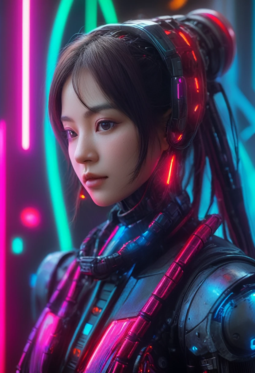 xxmixgirl. Highly detailed professional 35mm film, bokeh, face in sharp focus. A robotic female, Miku, with ((metal skin)), ((perfect Asian eyes)) with magenta irises and ((black pupils)), beautiful serious (detailed face), 18 year old ((photorealistic face)), very long magenta twin tails of magenta hair, twin black hair ties with a single red stripe. She may have a black audio headpiece. We can see her ((full body)) down to her boot soles. Her outfit is a sleeveless collared light grey shirt, outlined in red around the frilled collar and hems. Shiny reflective ((metallic breast cups, dimpleless)), invisible nipples. She wears black sleeves with red hems that start around her upper arm and bellow out as the sleeves open and extend to her wrists, with wide trumpet red rimmed cuffs. She has perfect robotic (detailed hands). She wears a red colored tie with two horizontal solid parallel black lines halfway across. She wears a fabric black skirt with a horizontal red hem at the bottom all the way around; her (((black skirt wraps around her))) and ((her skirt completely covers)) her robotic waist and thighs. Tall black boots with red bottom soles, a red rim around the top at her thighs. Her mechanical shoulder joints are visible. We can see her robotic legs and robotic neck. Half of her is covered with shiny polished machinery. The background is a distant dark neon futuristic Japanese city, gold, cyan, violet neon, near harbor or mountains.