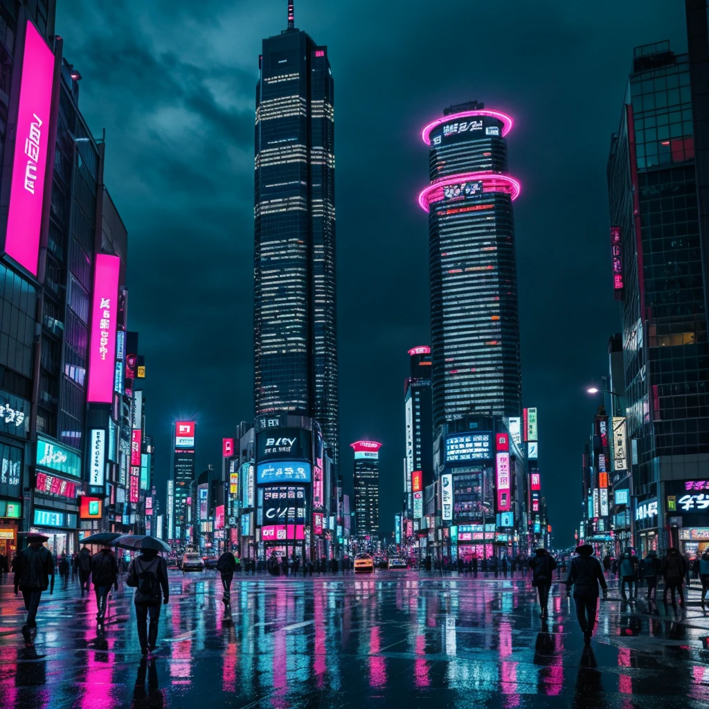sci fi tokyo, Skyscraper rainy streets, at night, pink lights