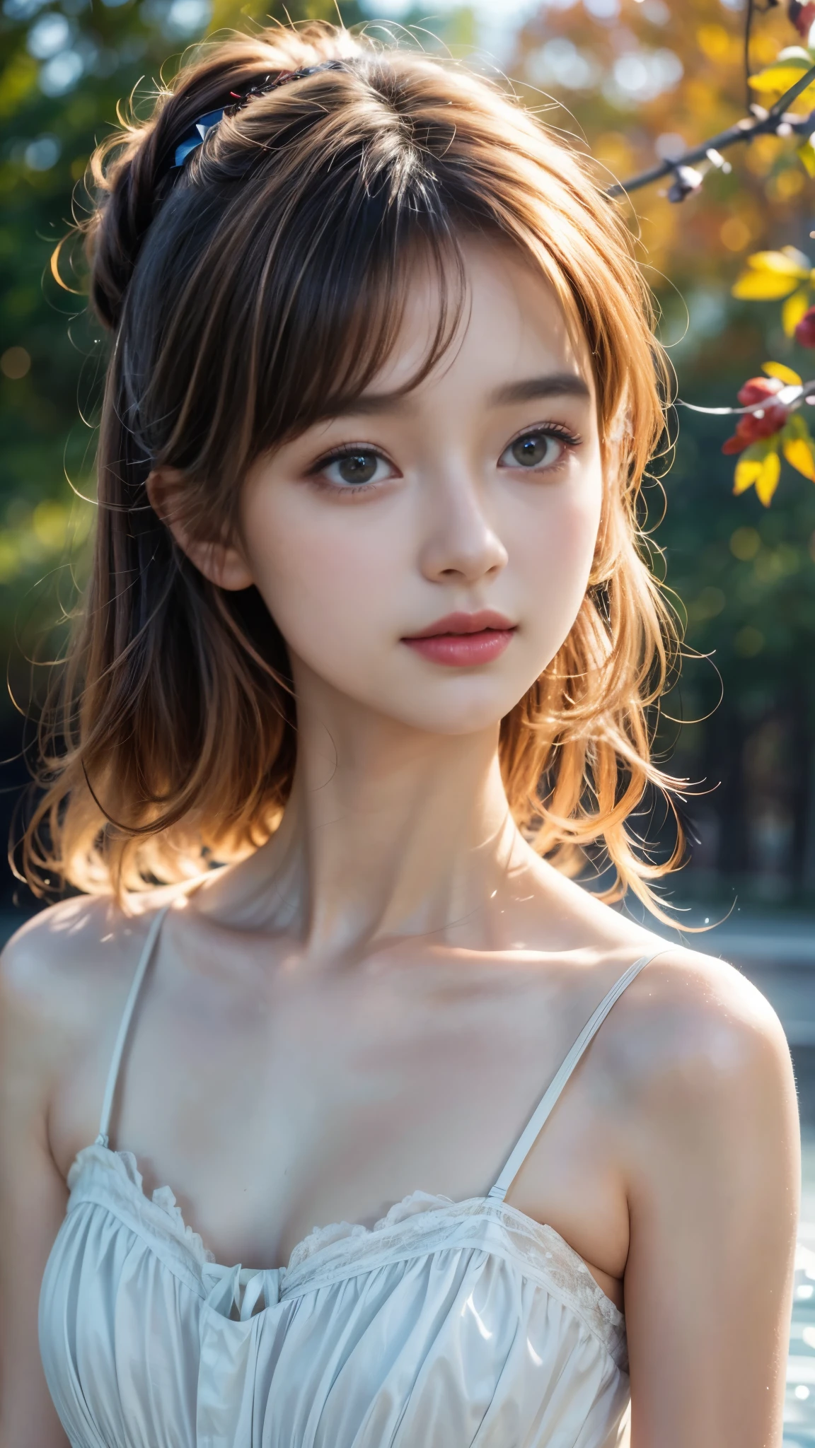 Long Shot, (topless:1.6),(Better lighting, Better Shadows, Very delicate and beautiful), floating, High saturation, Dynamic Angle, ((One girl)), nice, hair ornaments, bangs, (Skin wrinkles:1.2),
