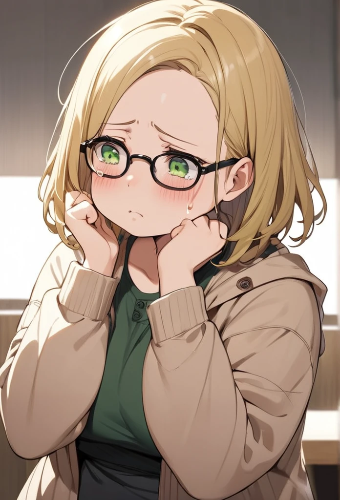 chubby girl, blonde, medium length hair, open forehead, no bangs, green eyes, black square-rimmed glasses, tears, sad, casual clothes