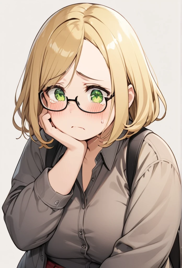 chubby girl, blonde, medium length hair, open forehead, no bangs, green eyes, black square-rimmed glasses, tears, sad, casual clothes