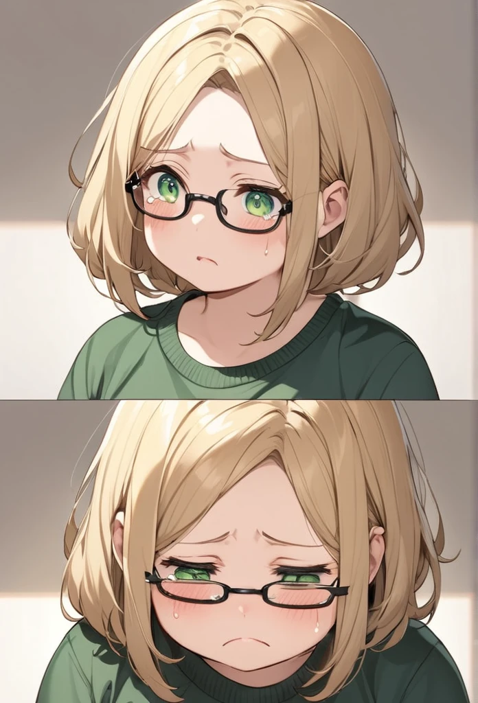 chubby girl, blonde, medium length hair, open forehead, no bangs, green eyes, black square-rimmed glasses, tears, sad, casual clothes