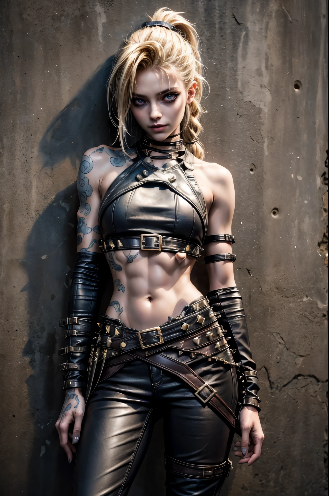 (RAW photo, best quality), Cute jinx girl with blond hair, (double ponytail blond hair), (hair over one eye), (alley background), low light, very dark eyeliner, jinxlol, cute smile, gorgeous face , super cute, punk, healthy face, 17 years old , young looking, hyper detailed face, detailed skin, heavy dark eyeliner, (enormous super sized breast), (thin waist, slender, skinny), ((tight dirty and worn down leather pants)), LowriseXL, ((belt bra)), ((leaning back against wall)), (((three bullet belts))), (((three studded belts))), exposed midriff, tattoos, ((navel piercing)), ((bellybutton piercing)), (thigh belt), leather arm sleeves, ((many hip chains)), ((rock hard abs)), putting weight on one leg, perfecteyes eyes, muddy skin, wet skin, oily skin, (touching hair)