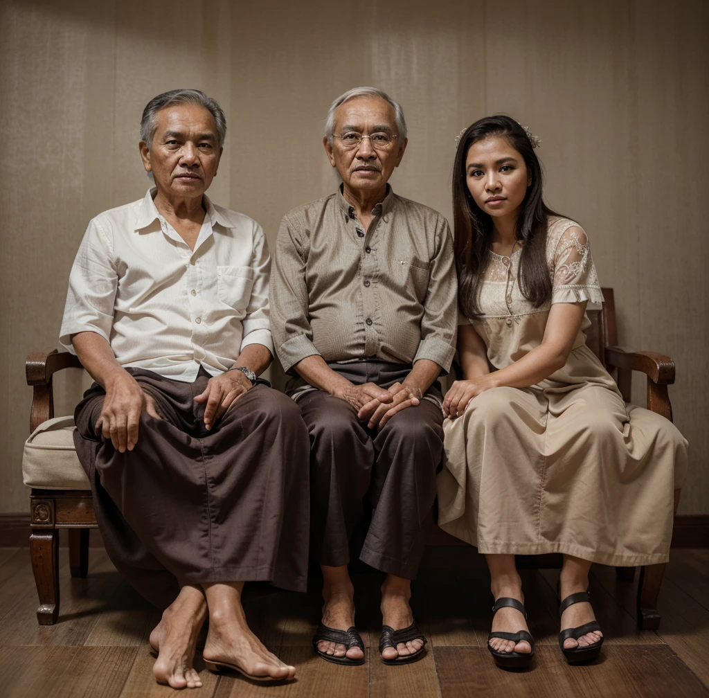 high quality, best quality, photo-realistic, raw-photo, ultra-detailed, High definition, masterpiece, intricate details, detailed texture, finely detailed, Family photo from Indonesia, three people in the photo, Family members consist of an old grandfather and grandmother couple with a young woman
