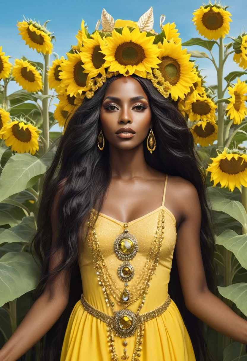 Saint Oshun surrounded by sunflowers in a field with very long and very beautiful hair and a crown of yellow gems and a long yellow dress  