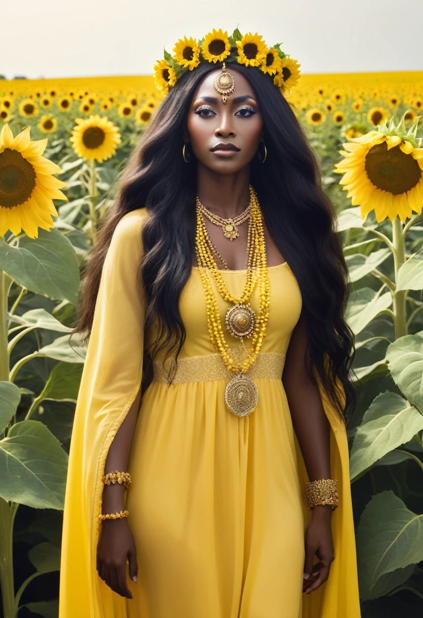 Saint Oshun surrounded by sunflowers in a field with very long and very beautiful hair and a crown of yellow gems and a long yellow dress  