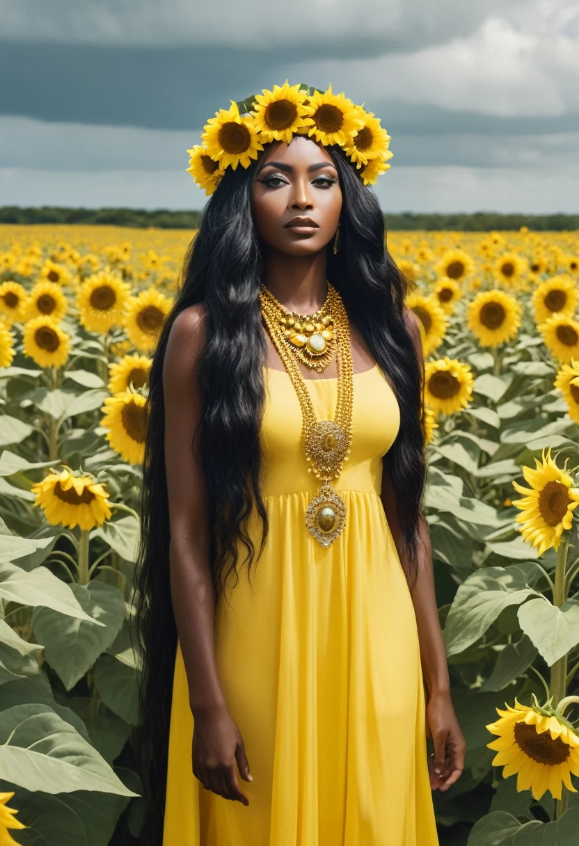 Saint Oshun surrounded by sunflowers in a field with very long and very beautiful hair and a crown of yellow gems and a long yellow dress  