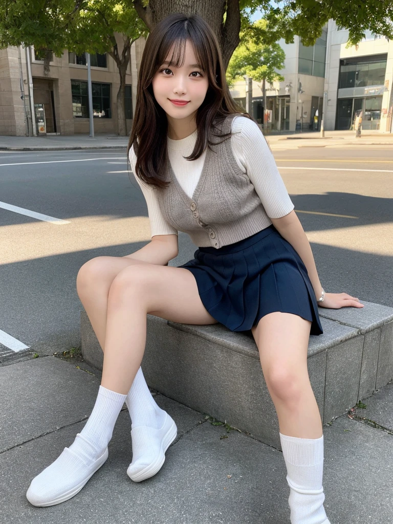 (8k, ultra high res) (best quality) (photo-realistic) (ultra detailed skin), light shadow, Natural lighting, looking_at_viewer
1girl,(Japanese ,kogal),smile,miniskirt,sweater_vest,long_hair,outdoors,((long-white-slouchy-socks)and loafers, ), tree, streetgrey_skirt,building,pleated_skirt