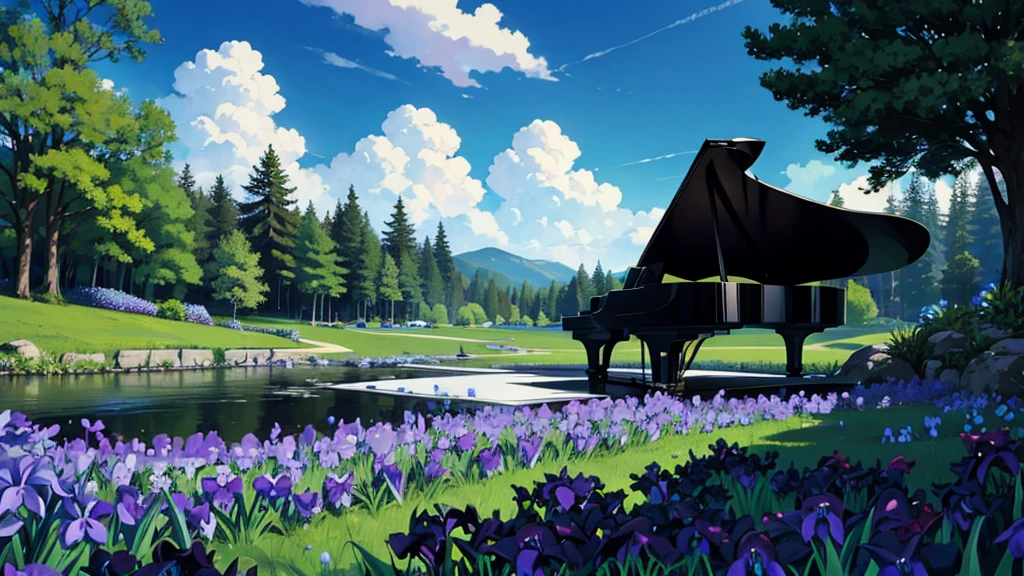 A large black grand piano placed beside a small stream lined with irises、White clouds in blue sky