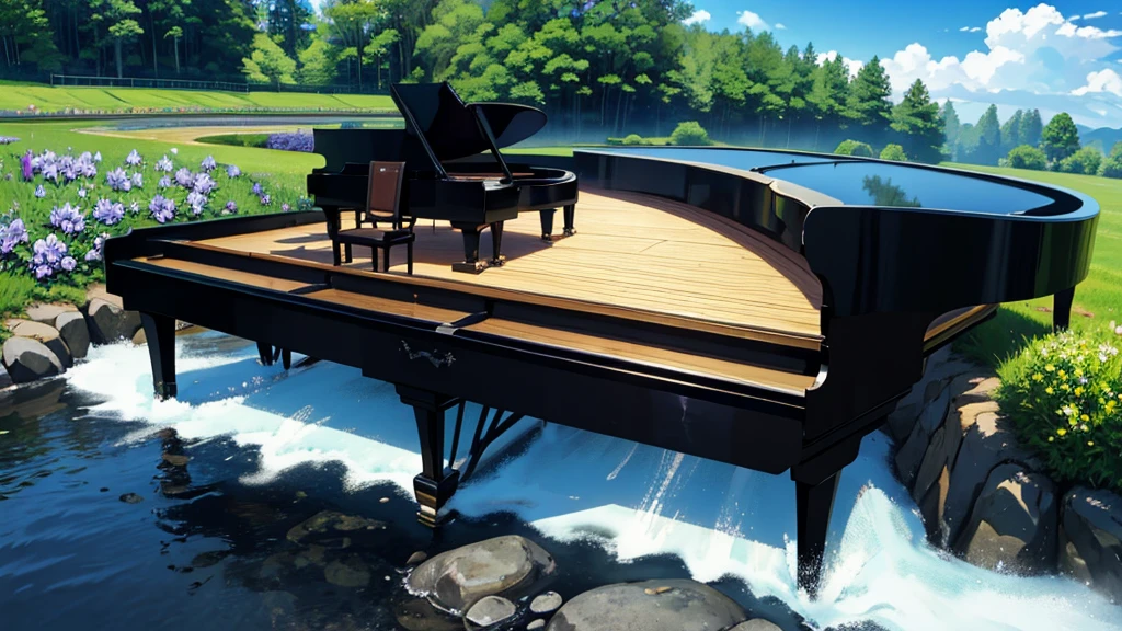 A large black grand piano placed beside a small stream lined with irises、White clouds in blue sky