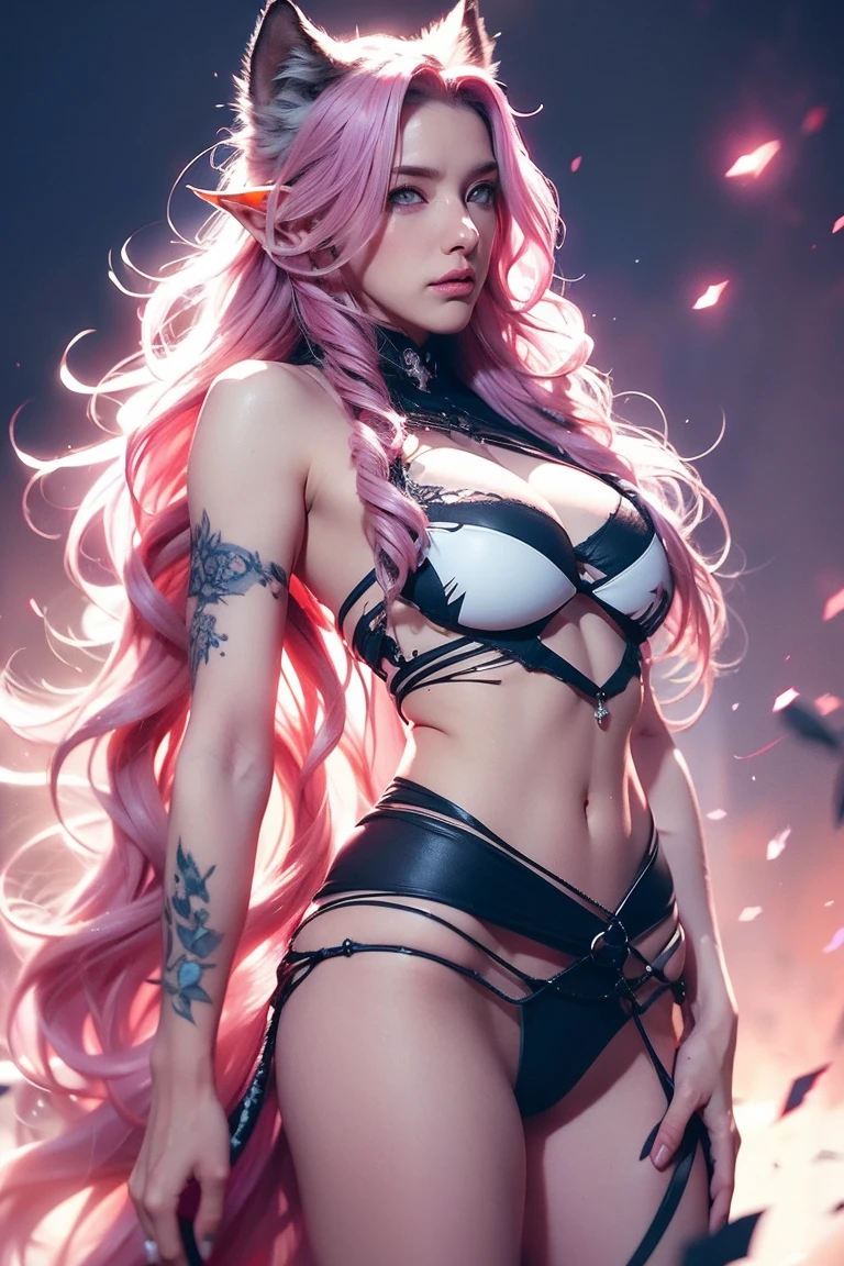 Woman, long wavy hair, pink hair, blue eyes, elf, torn clothes, walking, adult, big thighs, sexy, warrior, Wolf behind(( lobo sério atrás da mulher)) ((lobo))(wolf animal)