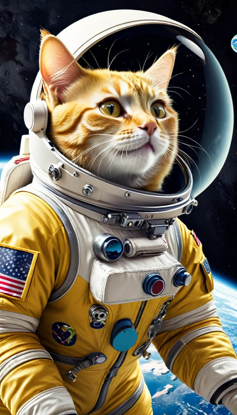 A yellow cat astronaut in a spacesuit is looking at Earth from space and smiling happily.